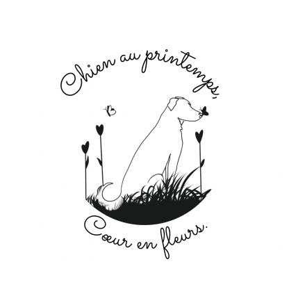 Chien avec fleur en cœur et papillon