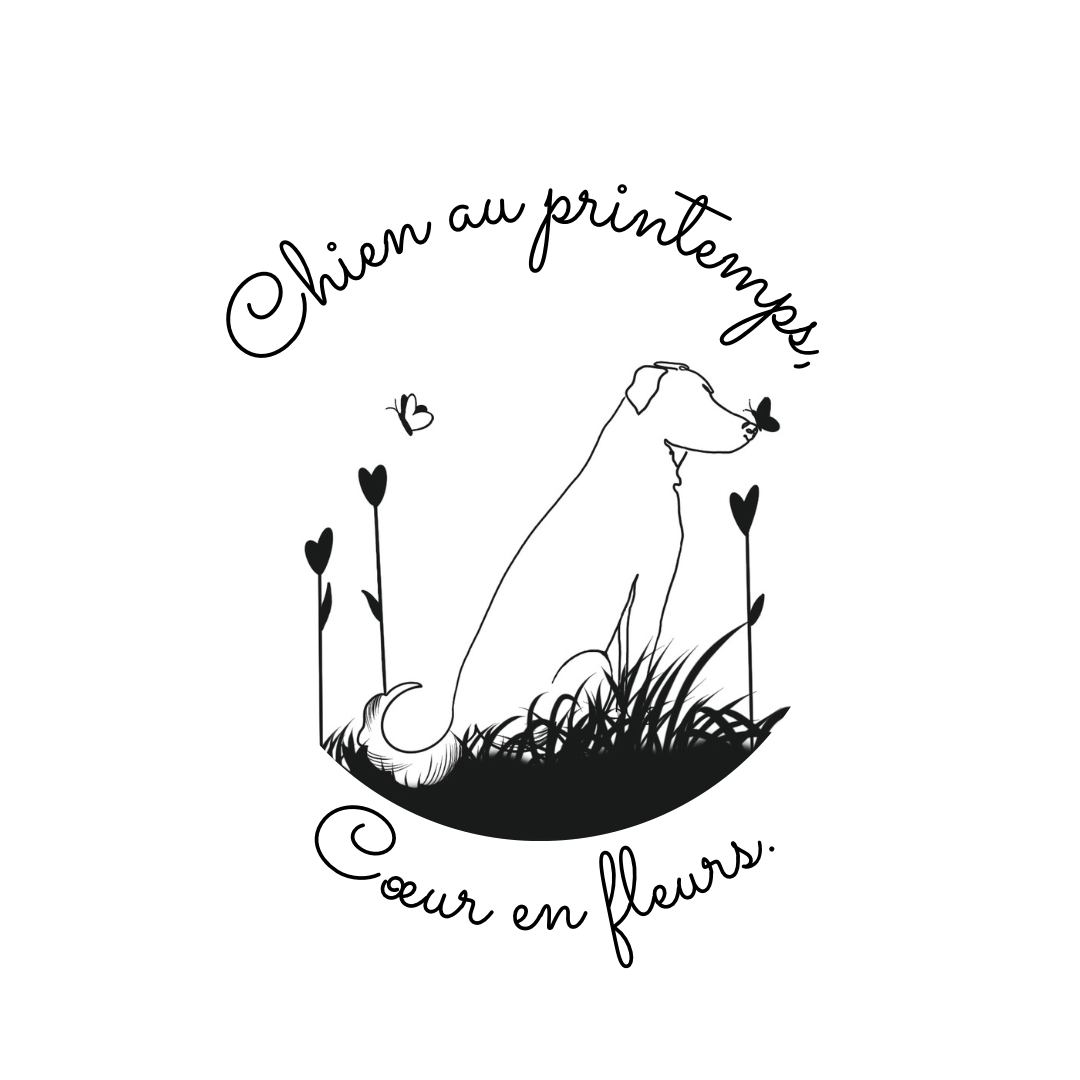 Chien avec fleur en cœur et papillon